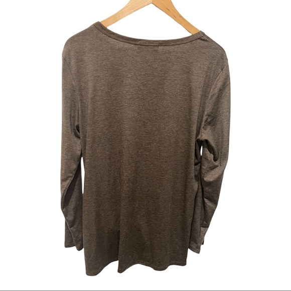 SHIBEVER MEDIUM BROWN MARLED SCOOP NECK TWIST KNOT STYLE LONG SLEEVE BLOUSE - Picture 6 of 11